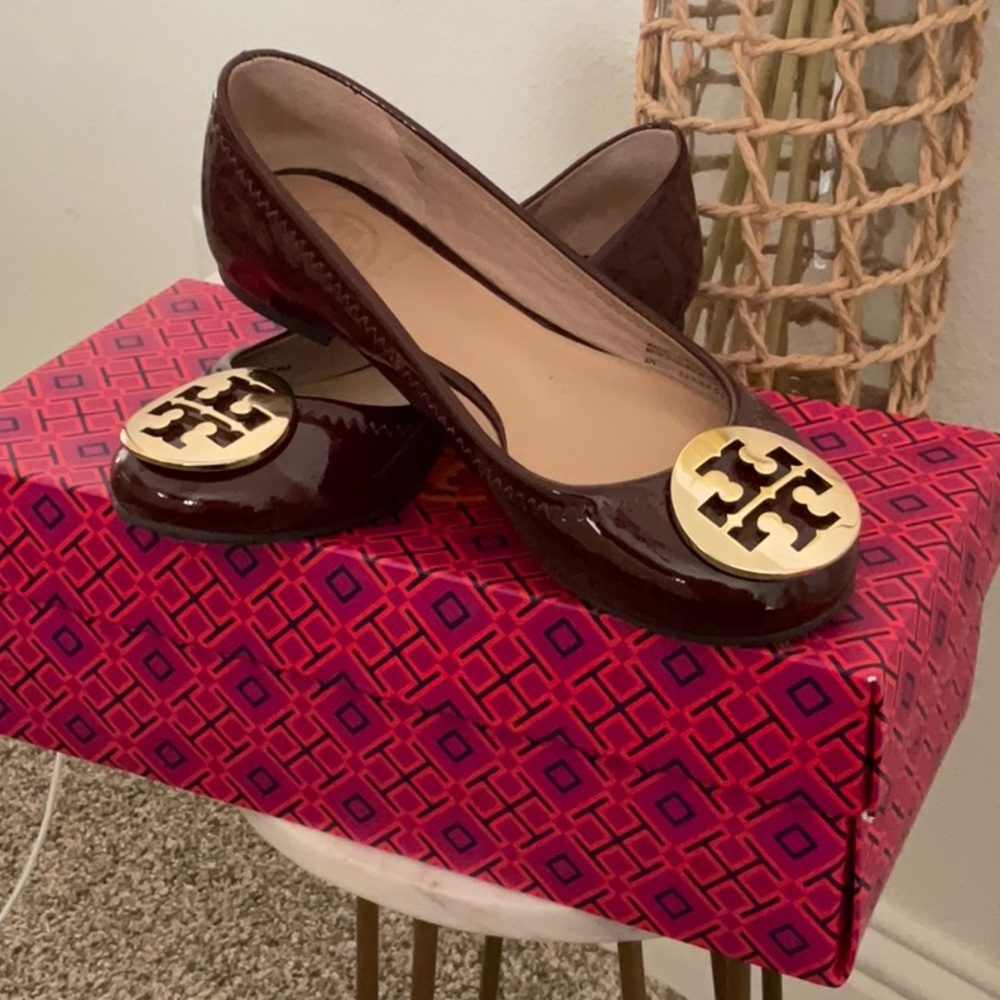 Tory Burch Dark Red Flats with Gold Emblem